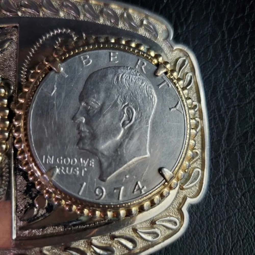 Vintage Eisenhower Dollar Belt Buckle 1972 1974 Two Tone Western Coin Buckle